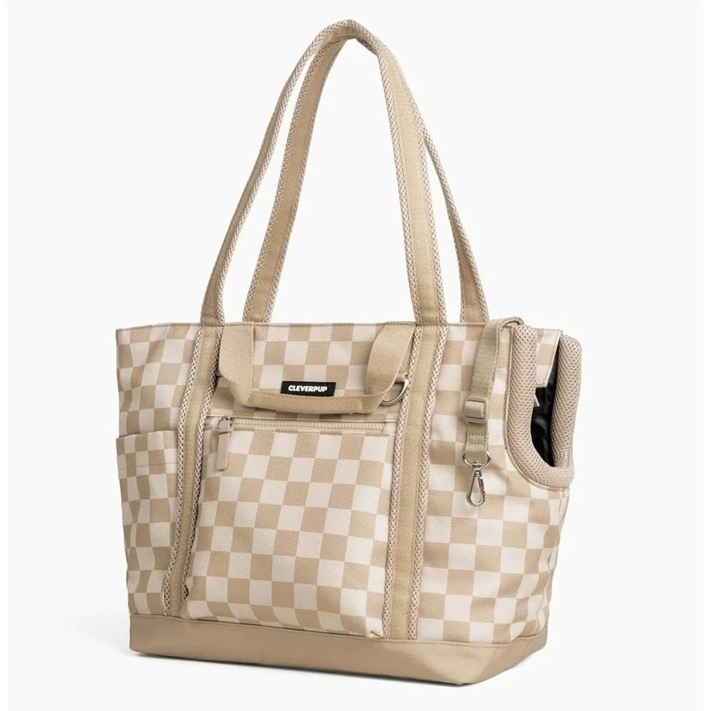 Cleverpup Transit Tote Medium Dog Carrier Tan Checkered NWT Travel Bag 8-20lbs